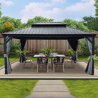 Kozyard Alexander 12' X 16' Hardtop Permanent Aluminum Metal Gazebo with Galvanized Steel Double Roof Canopy, Curtain and Netting Pavilion for Patio, Backyard, Deck, Lawn (Gray)