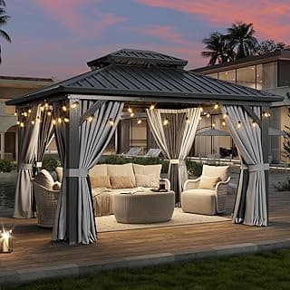 Aoxun 12'x10' Hardtop Gazebo with Light, Aluminum Frame Permanent Pavilion with Curtains and Netting, Outdoor Galvanized Double Roof Canopy, Designed for Garden, Lawns, Patio