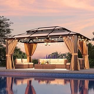 Aoxun 12'x16' Hardtop Gazebo, Aluminum Frame Permanent Pavilion with Netting and Curtains, Outdoor Polycarbonate Double Roof Canopy, Designed for Lawn, Garden, Patio (Brown)