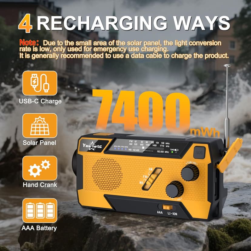 Hand Crank Emergency Radio NOAA Weather Radio 7400mWh Battery Operated 3 in 1 Charging Cable Hand Crank Charger with AM FM Portable Solar Powered Radio for Winter Storm Hurricane Survival Gear
