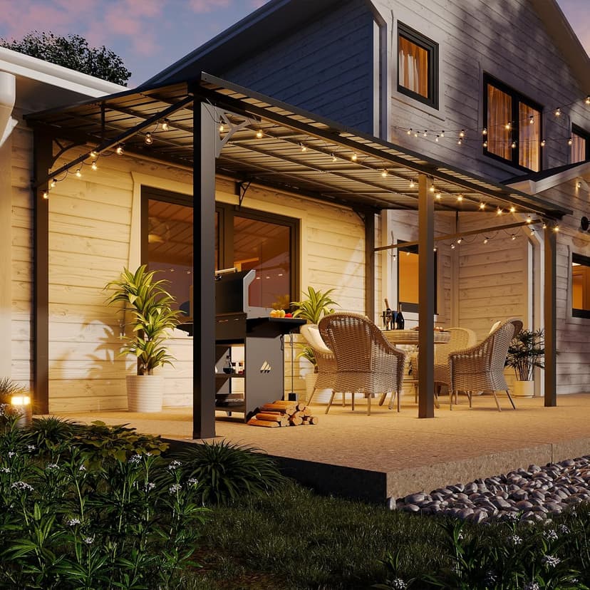 Aoxun 10' x 14' Lean to Gazebo, Upgraded Hardtop Outdoor Pergola with Sloping Galvanized Steel Roof, Large Wall-Mounted Heavy Duty Awnings for Patio, Backyard, Deck, Porch