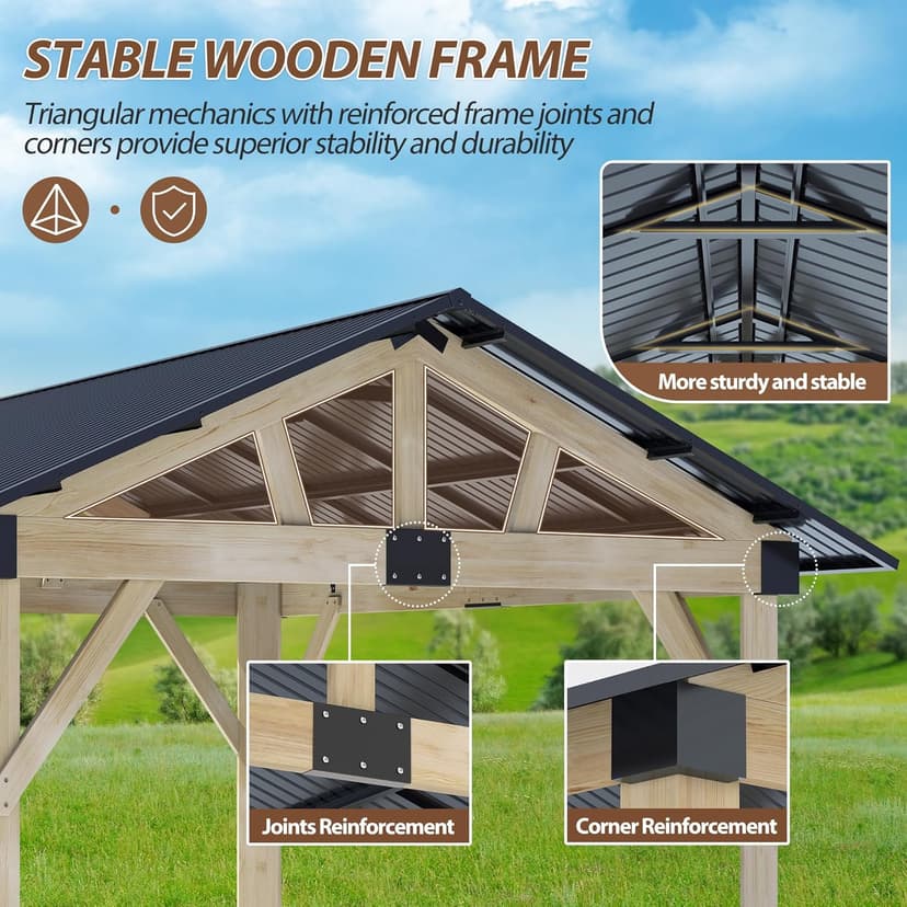 10' x 12' Wood Gazebo, Outdoor Cedar Hardtop Wooden Frame Gazebos with Galvanized Steel Roof for Garden, Patio, Deck