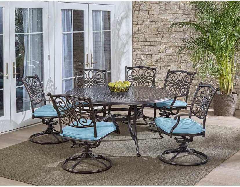 Hanover Traditions Set with 6 Swivel Rocker Chairs, Tan Cushions and Large 38"x72" Dining Table, Outdoor Dining Set for 6