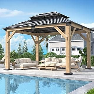 10' x 12' Outdoor Wooden Gazebo - Patio Hardtop Gazebo Permanent Wooden Pavilion with Galvanized Steel Double Roof, Wood Gazebos for Garden, Lawn, Poolside, Backyard Deck