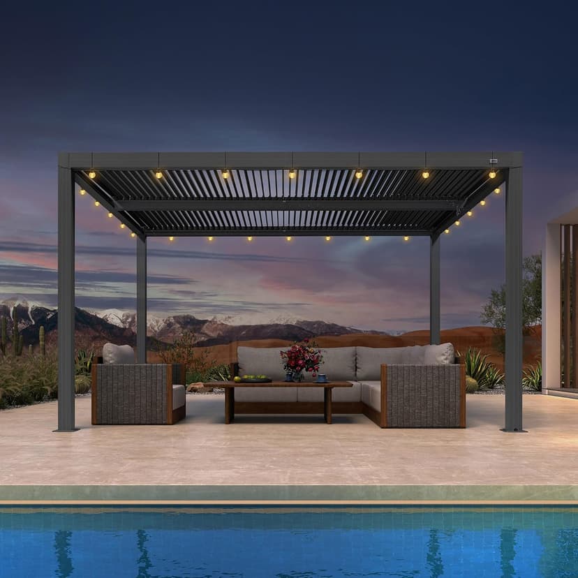 PURPLE LEAF Louvered Pergola 10' x 13' Outdoor Retractable Modern Hardtop Full Aluminum Pergola with Adjustable Rainproof Roof and 36 Clear LED String Lights for Patio Deck Backyard Slate Grey