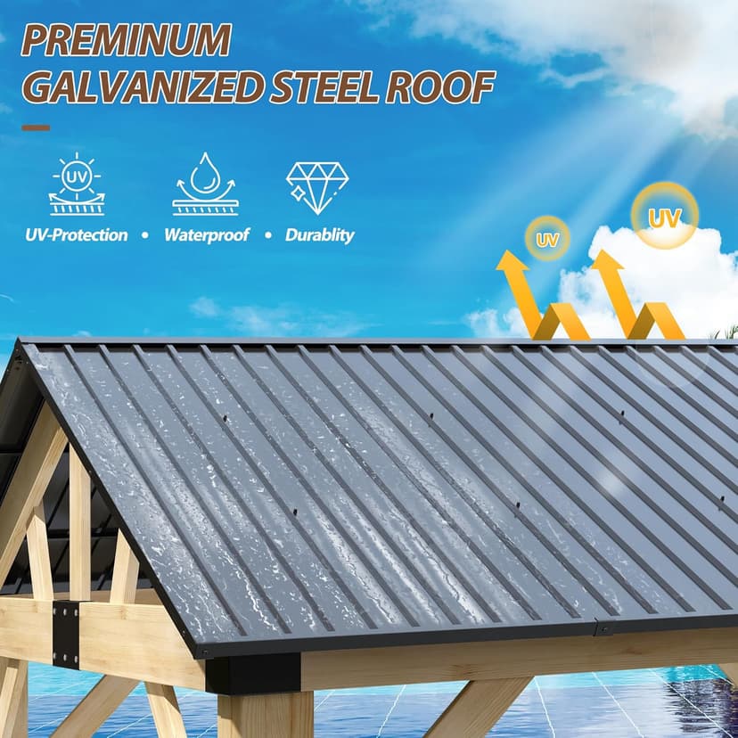 10' x 12' Wood Gazebo, Outdoor Cedar Hardtop Wooden Frame Gazebos with Galvanized Steel Roof for Garden, Patio, Deck