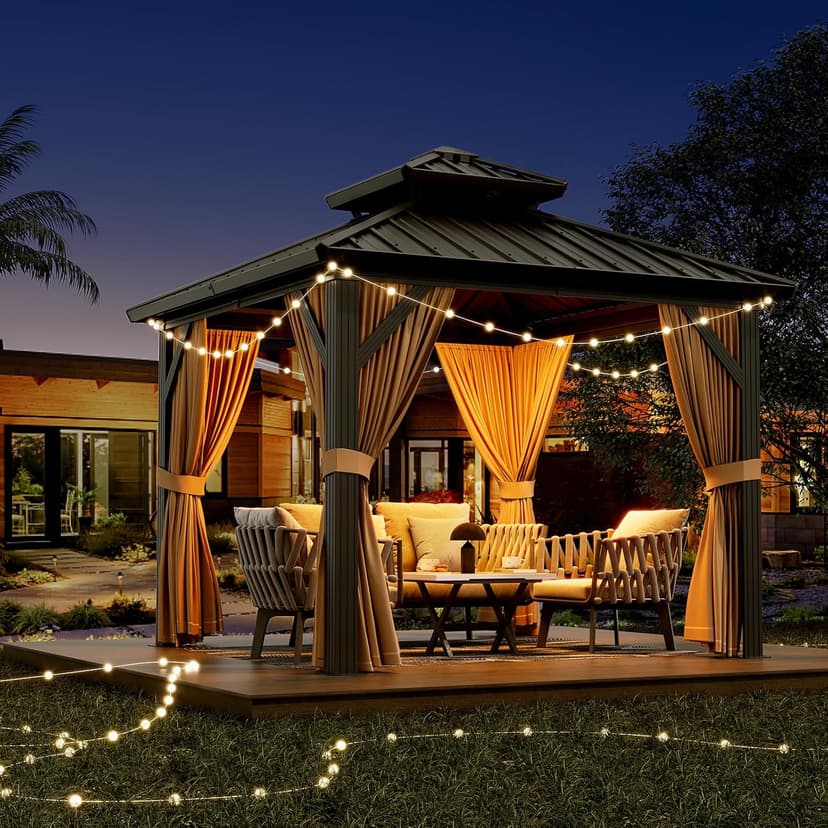 10'x10' Hardtop Gazebo, Heavy Duty Aluminum Permanent Hardtop Gazebo Outdoor Pavilion with Curtains and Netting for Garden (Khaki, 10'x10')