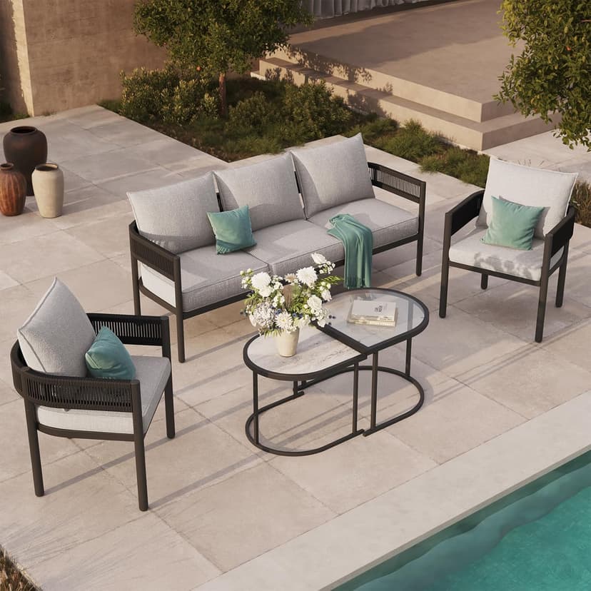 Grand patio 5-Piece Outdoor Furniture Set, 5 Seats Wicker Sofa Conversation Set with 3-Seat Couch, Thick Cushions and Coffee Table, for Backyard, Balcony, Garden (Beige)