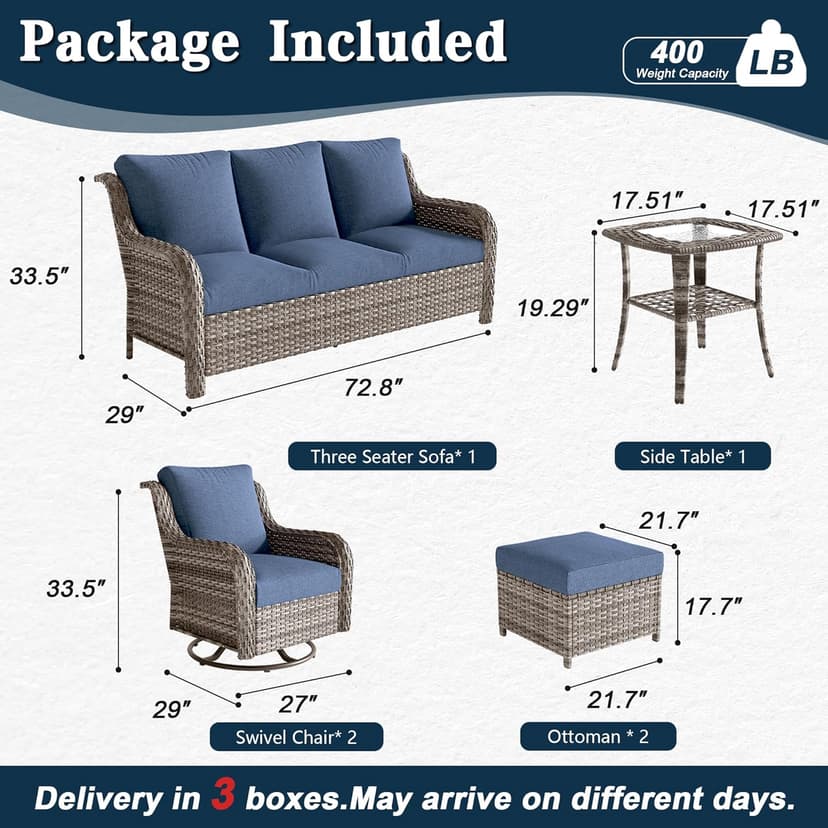 6 Piece Patio Furniture Set with Swivel Chairs, Side Table & Ottomans, Outdoor Conversation Set for Backyard, Deck, Porch, Poolside - Blue Comfortable Cushions in Mixed Grey Wicker