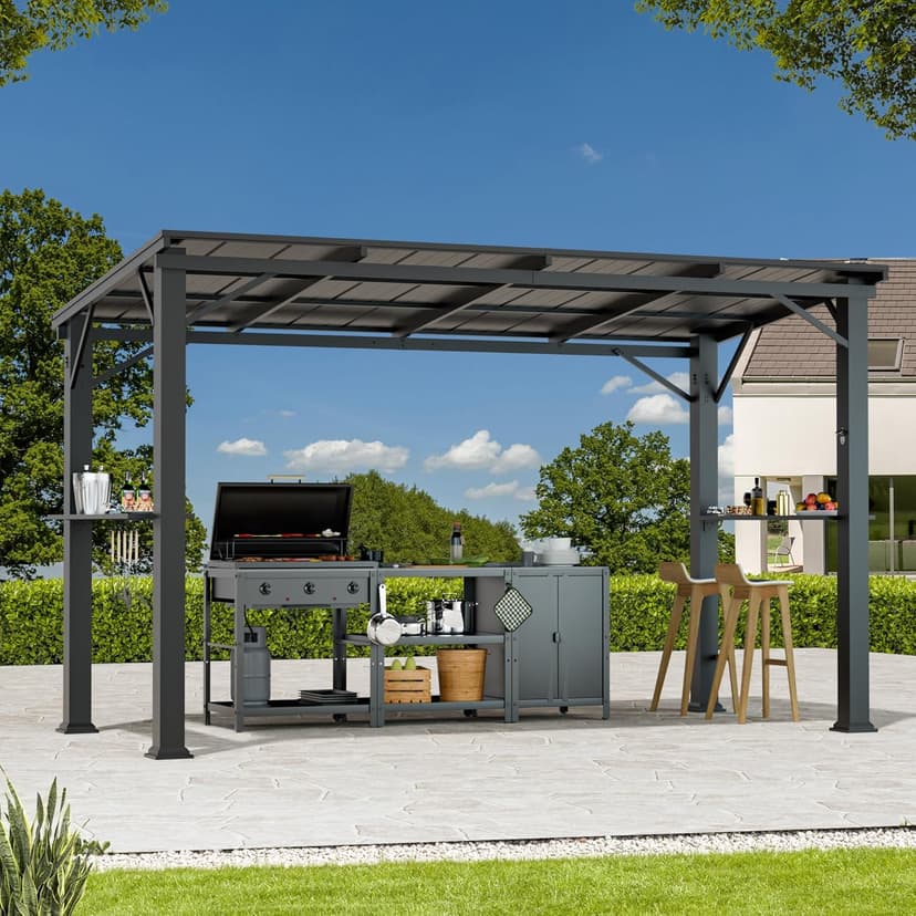 Hardtop Grill Gazebo 6'x12'with Side Shelf, Outdoor Gazebo with Bottle Opener & Hooks, Grill Canopy with Sturdy Rustproof Design for Backyard, Garden, Patio,Black