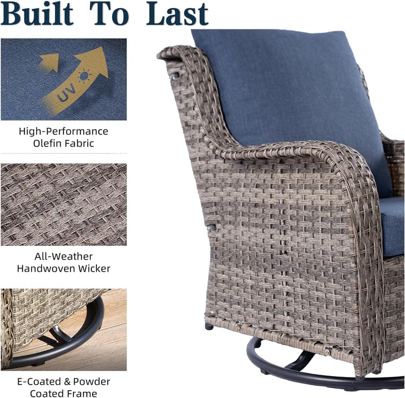 6 Piece Patio Furniture Set with Swivel Chairs, Side Table & Ottomans, Outdoor Conversation Set for Backyard, Deck, Porch, Poolside - Blue Comfortable Cushions in Mixed Grey Wicker