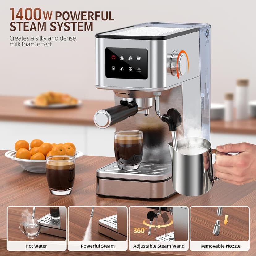 Espresso Machine with Milk Frother, 20 Bar Compact Espresso Maker with Touch Screen & 57.5oz Removable Water Tank for Home, Stainless Steel Coffee Machine for Cappuccino, Latte, Silver(updated)