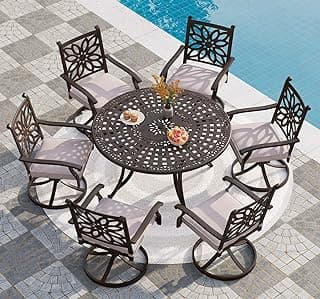 PHI VILLA Cast Aluminum Patio Dining Set for 6 Person, 7 Piece Outdoor Patio Set with 54" Dia Cast-Top Aluminum Table(2.1" Umbrella Hole) and 6 Swivel Rockers Dining Chairs with Seat Cushions