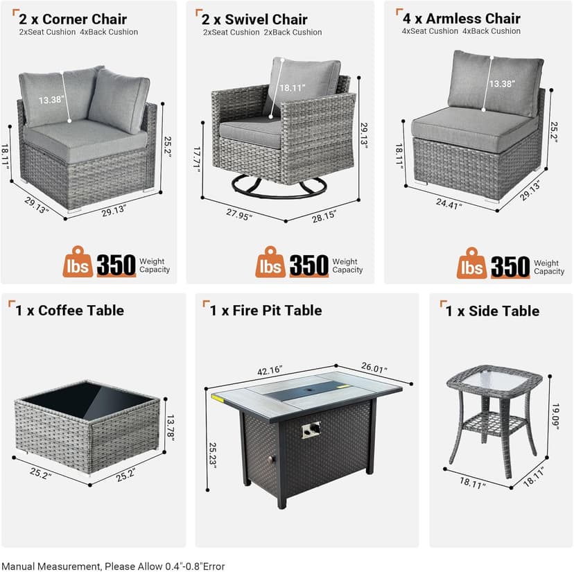 ovios 11 Piece Outdoor Patio Furniture Set with Fire Pit Table,Conversation Sectional Wicker Couch with Swivel Chairs,Modern Outside Sofa for Balcony Backyard, Dark Grey