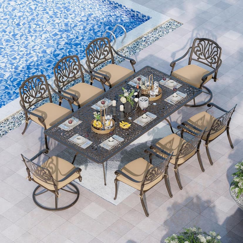Grepatio 9 Piece Cast Aluminum Patio Furniture Set Outdoor Dining Set Bistro Furniture Set with 6 Chairs 2 Swivel and Dining Table, 8 Cushions for Backyard Garden (Khaki)