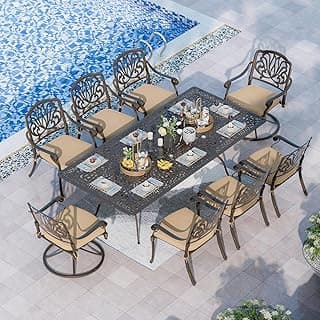 Grepatio 9 Piece Cast Aluminum Patio Furniture Set Outdoor Dining Set Bistro Furniture Set with 6 Chairs 2 Swivel and Dining Table, 8 Cushions for Backyard Garden (Khaki)