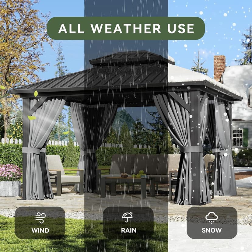 Aoxun 12'x10' Hardtop Gazebo, Aluminum Frame Permanent Pavilion with Curtains and Netting, Outdoor Galvanized Double Roof Canopy, Designed for Garden, Lawns, Patio (Black/Grey)