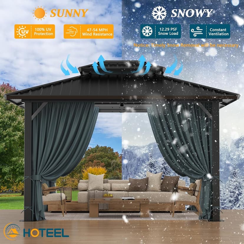 HOTEEL 10x12 Hardtop Gazebo Hot Tub Gazebo with Flame-Retardant Curtain Netting, Heavy Duty Pavilion with Galvanized Steel Double Roof, Aluminum Frame Outdoor Canopy for Patio, Party (2025 Upgraded)