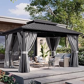 Aoxun 10' X 14' Hardtop Gazebo, Aluminum Metal Outdoor Gazebo with Galvanized Steel Double Roof, Permanent Patio Pavilion with Breathable Netting and Curtains for Dining, Wedding, Party