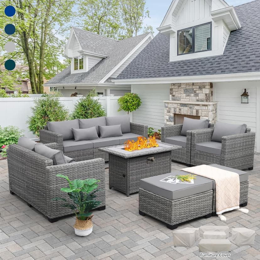 Rattaner 7-Piece Outdoor Furniture Sets Patio Furniture Set with 45-inch Fire Pit Patio Couch Outdoor Chairs 60000 BTU Propane Fire Pit Table with Non-Slip Cushions Waterproof Covers, Light Grey