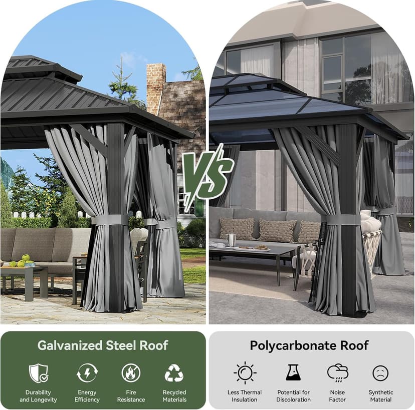 Aoxun 12'x10' Hardtop Gazebo, Aluminum Frame Permanent Pavilion with Curtains and Netting, Outdoor Galvanized Double Roof Canopy, Designed for Garden, Lawns, Patio (Black/Grey)