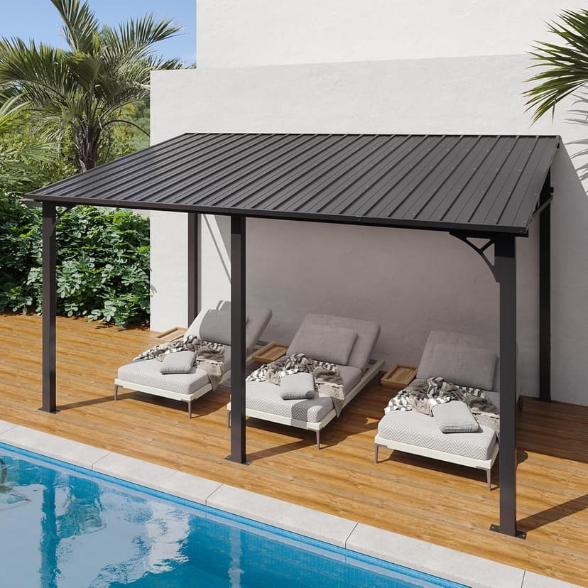 Aoxun 10' x 14' Lean to Gazebo, Upgraded Hardtop Outdoor Pergola with Sloping Galvanized Steel Roof, Large Wall-Mounted Heavy Duty Awnings for Patio, Backyard, Deck, Porch
