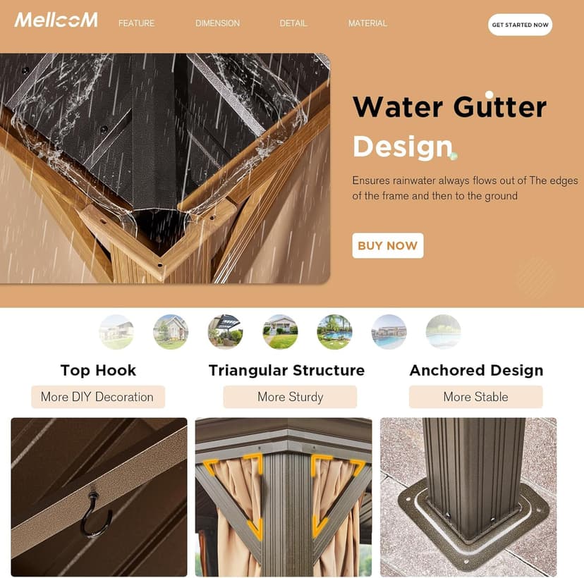 MELLCOM 14'x24' Gazebo, Wooden Finish Coated Aluminum Frame Pergola with Double Galvanized Steel Hardtop Roof, Outdoor Permanent Metal Pavilion with Curtains and Nettings for Patio, Backyard and Deck