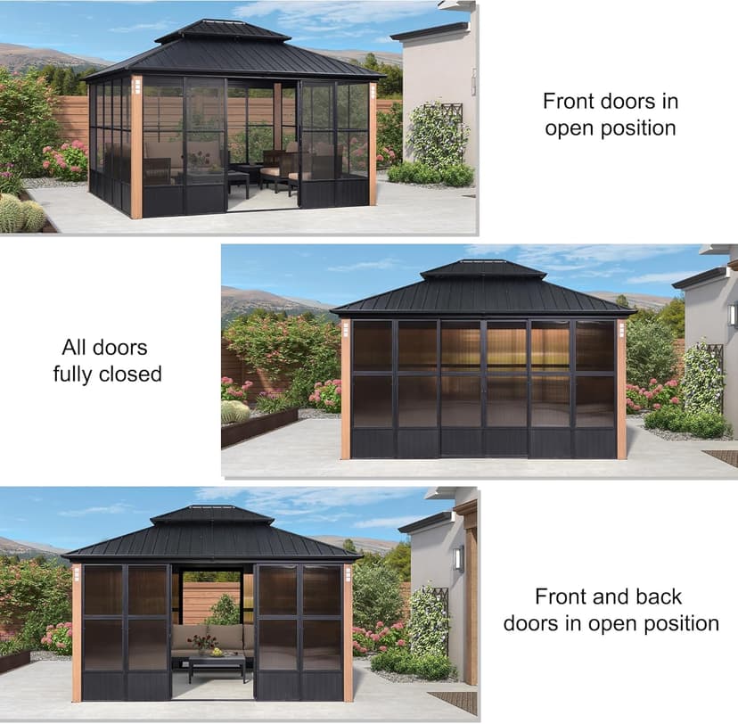 PURPLE LEAF 12' X 14' Patio Hardtop Gazebo Double Top Outdoor Screen House Aluminum Solarium Backyard Sun Room with Detachable Windows