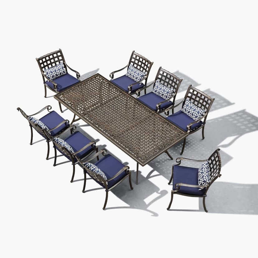 PURPLE LEAF 9 Pieces Patio Dining Sets Cast Aluminum Furniture with Rectangular Table for Lawn Garden Backyard Deck Outdoor Dining Sets with Cushions and Pillows, Lattice Navy Blue