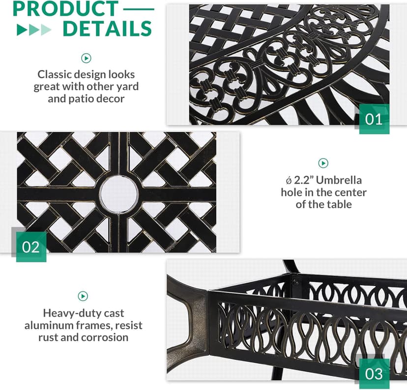 VIVIJASON 9-Piece Outdoor Furniture Dining Set, All-Weather Cast Aluminum Patio Conversation Set, Include 8 Cushioned Chairs and an Oval Table with Umbrella Hole for Balcony Lawn Garden Backyard