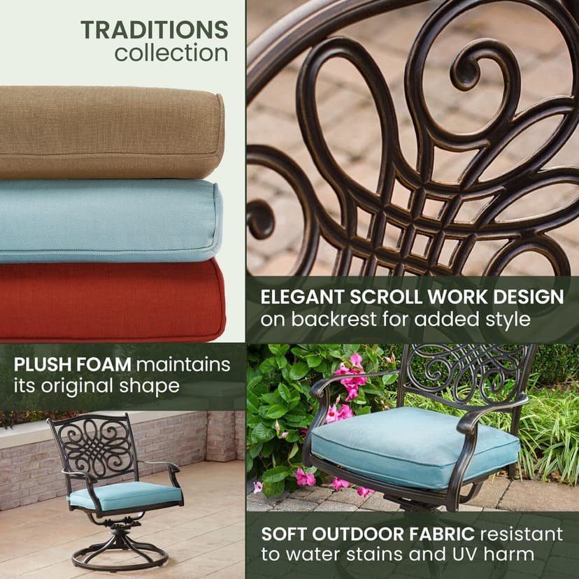 Hanover Traditions Set with 6 Swivel Rocker Chairs, Tan Cushions and Large 38"x72" Dining Table, Outdoor Dining Set for 6