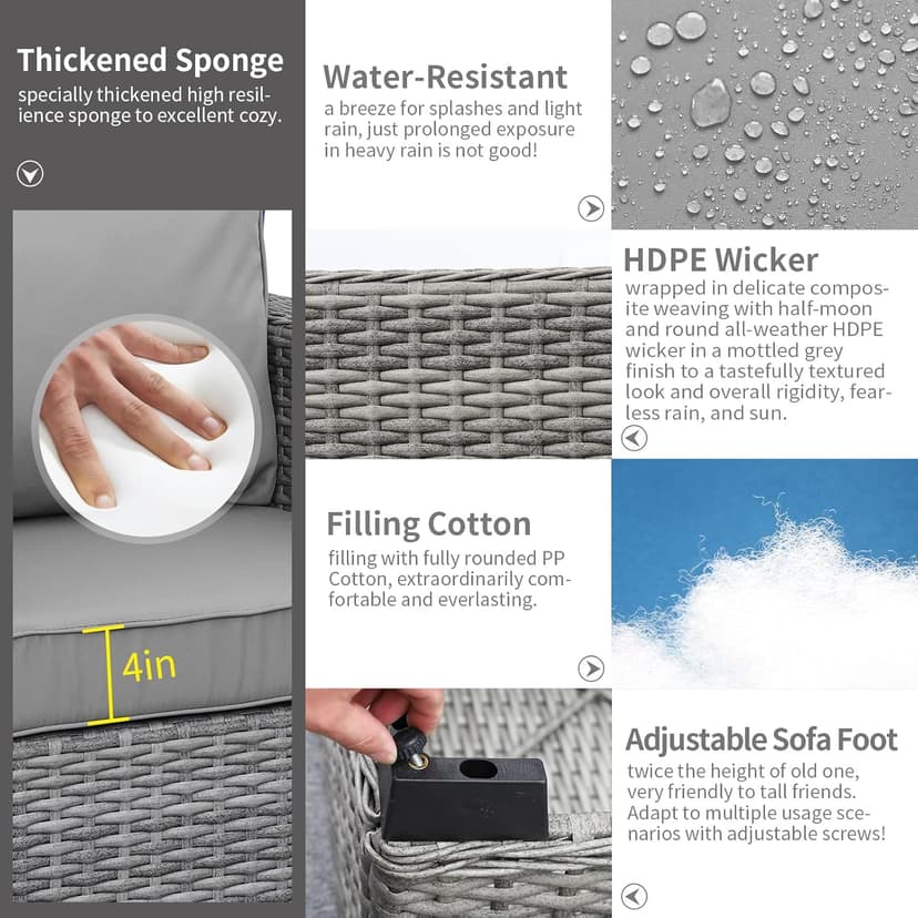 Rattaner 7-Piece Outdoor Furniture Sets Patio Furniture Set with 45-inch Fire Pit Patio Couch Outdoor Chairs 60000 BTU Propane Fire Pit Table with Non-Slip Cushions Waterproof Covers, Light Grey