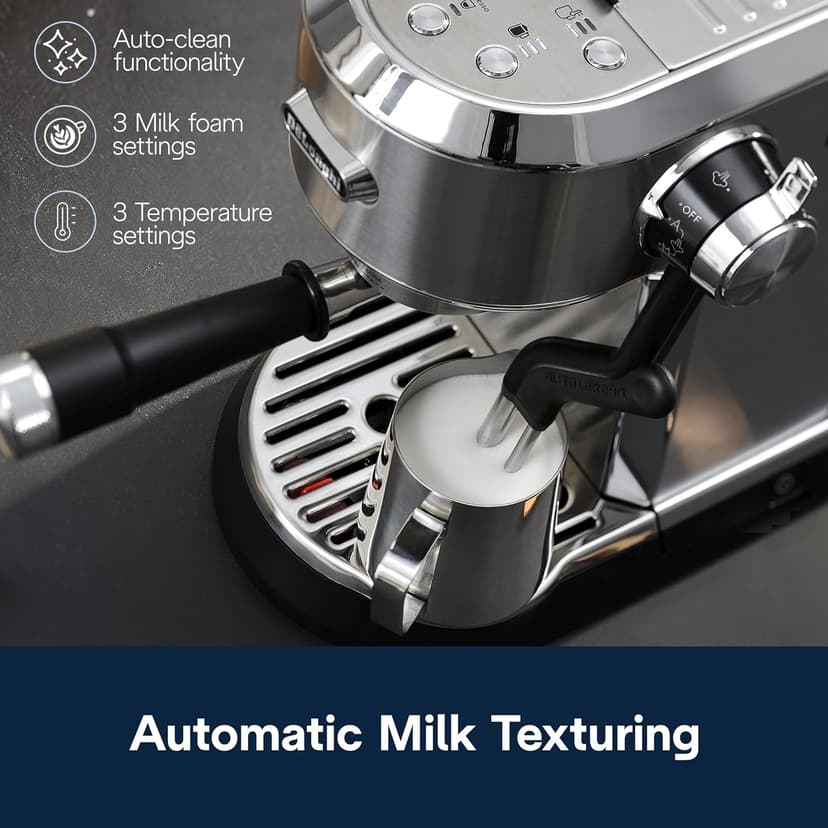 De'Longhi Dedica Maestro Plus Espresso Machine, Automatic Steam Wand, 3 Coffee Temp & Milk Foam Settings, 54oz Removable Tank, Easy-to-Clean Dishwasher-Safe Parts, Compact Stainless Steel Design