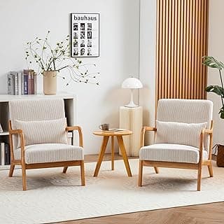 Accent Chairs, Set of 2 Mid-Century Modern Chair with Pillow, Armchair with Solid Wood, Reading Relaxing Leisure Chair for Living Room,(Beige)