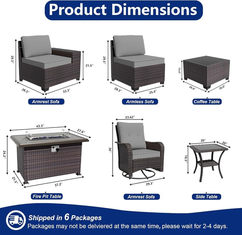 10 Pieces Patio Furniture Set with 2 Swivel Chairs Patio Furniture Outdoor Sectional Sofas with 55000 Gas Fire Pit Patio Conversation Set w/7 Cushions-Gary