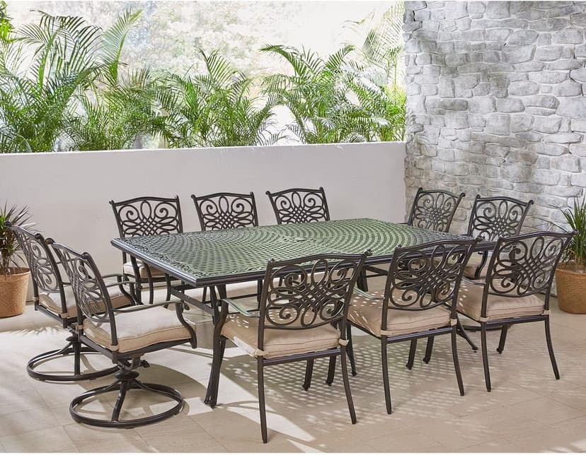 Hanover Traditions 11-Piece Outdoor Dining Set with 60" x 84" Cast-Top Aluminum Table, 6 Dining Chairs, and 4 Swivel Rockers with Thick Foam Cushions