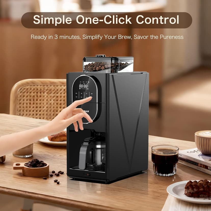 Coffee Maker with Grinder, Programmable Hot and Cold Coffee Maker with 22 oz Glass Carafe, Adjustable Fully Automatic grind and brew Coffee Machine with Timer, Black Americano Iced Coffee Machine