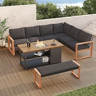 Grand patio 4-Piece Outdoor Furniture Set with Gas Fire Pit Table, Aluminum Patio Sofa Set for 8 with Faux Wood Grain Finish, Modern Patio Couch Sofa with Outdoor Bench and Chaise for Backyard