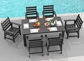 GREENVINES 7-Piece Outdoor-Dining-Set | HDPE Plastic 67'' Table and Chairs Sets for 6 | Patio Furniture | All Weather | Umbrella Hole | Black | for Poolside Garden Backyard