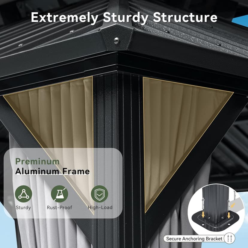 Aoxun 12'x10' Hardtop Gazebo, Aluminum Frame Permanent Pavilion with Curtains and Netting, Outdoor Galvanized Double Roof Canopy, Designed for Garden, Lawns, Patio (Black/Grey)