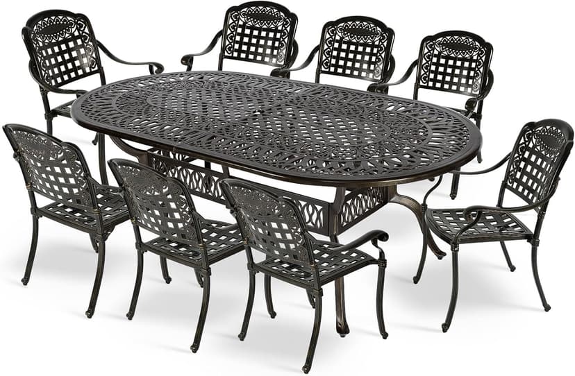 MEETWARM 9-Piece Outdoor Furniture Dining Set, All Weather Cast Aluminum Patio Garden Set with 8 Chairs,1 Oval Table, 2" Umbrella Hole, Dark Bronze