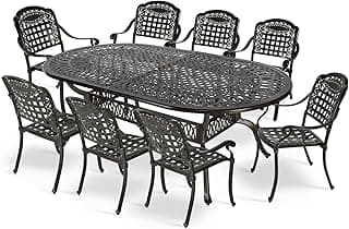 MEETWARM 9-Piece Outdoor Furniture Dining Set, All Weather Cast Aluminum Patio Garden Set with 8 Chairs,1 Oval Table, 2" Umbrella Hole, Dark Bronze