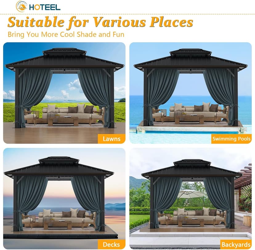 HOTEEL 10x12 Hardtop Gazebo Hot Tub Gazebo with Flame-Retardant Curtain Netting, Heavy Duty Pavilion with Galvanized Steel Double Roof, Aluminum Frame Outdoor Canopy for Patio, Party (2025 Upgraded)