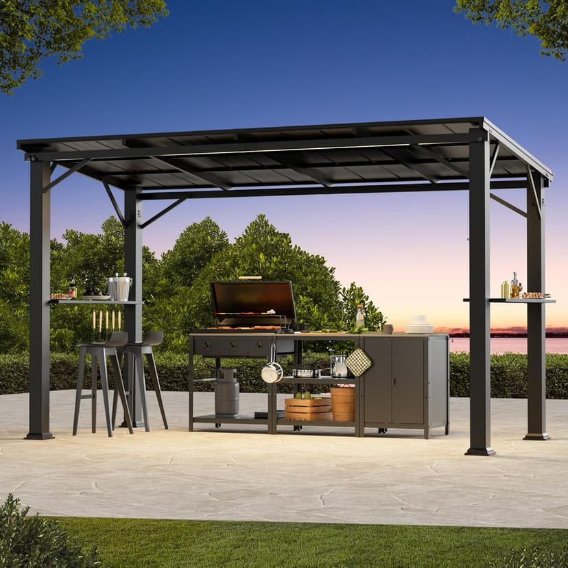 Hardtop Grill Gazebo 6'x12'with Side Shelf, Outdoor Gazebo with Bottle Opener & Hooks, Grill Canopy with Sturdy Rustproof Design for Backyard, Garden, Patio,Black