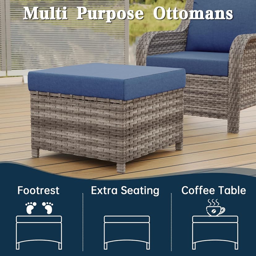 6 Piece Patio Furniture Set with Swivel Chairs, Side Table & Ottomans, Outdoor Conversation Set for Backyard, Deck, Porch, Poolside - Blue Comfortable Cushions in Mixed Grey Wicker