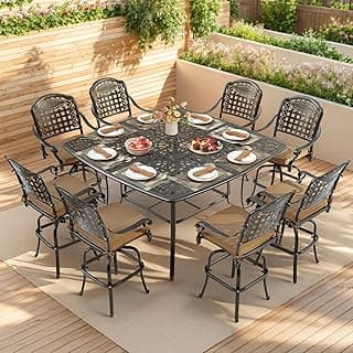 VIVIJASON 9-Piece High Patio Dining Set, Free-Rust Cast Aluminum Patio Bar Table and Chairs Set with 8 Swivel Bar Stools & 64" Bar Height Dining Table, Umbrella Hole for Backyard, Lawn, Garden