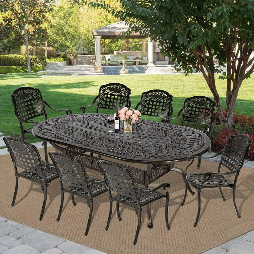 MEETWARM 9-Piece Outdoor Furniture Dining Set, All Weather Cast Aluminum Patio Garden Set with 8 Chairs,1 Oval Table, 2" Umbrella Hole, Dark Bronze