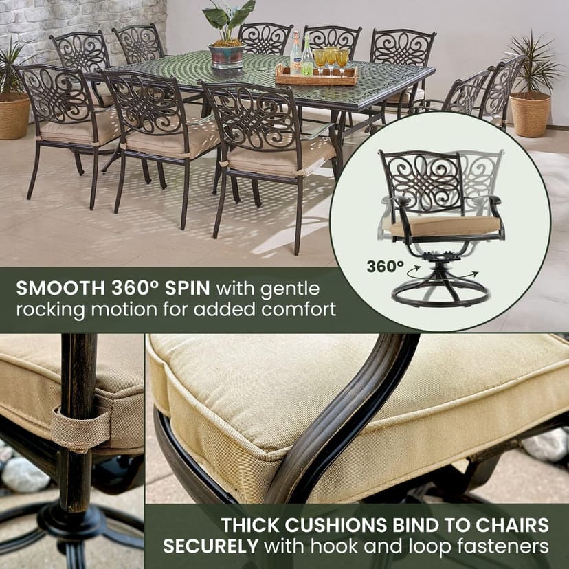 Hanover Traditions 11-Piece Outdoor Dining Set with 60" x 84" Cast-Top Aluminum Table, 6 Dining Chairs, and 4 Swivel Rockers with Thick Foam Cushions