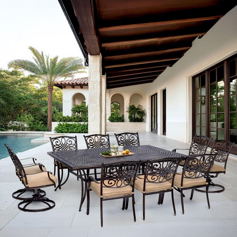 Hanover Traditions 11-Piece Outdoor Dining Set with 60" x 84" Cast-Top Aluminum Table, 6 Dining Chairs, and 4 Swivel Rockers with Thick Foam Cushions