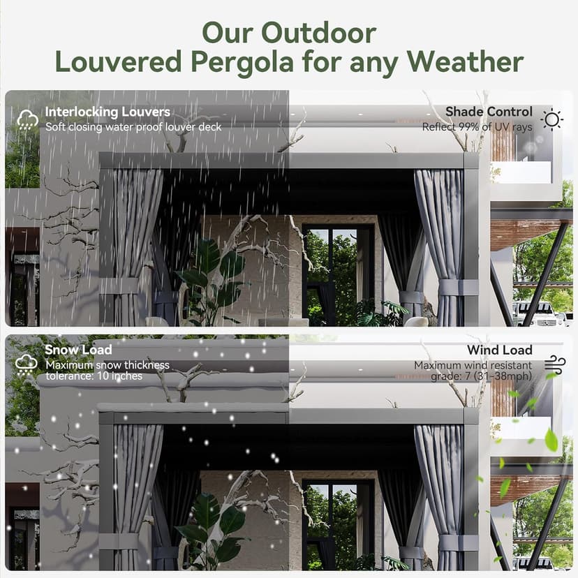 Aoxun Louvered Pergola 10' x 10' Outdoor Aluminum Pergola with Adjustable Top for Decks, Gardens and Backyards, Gray